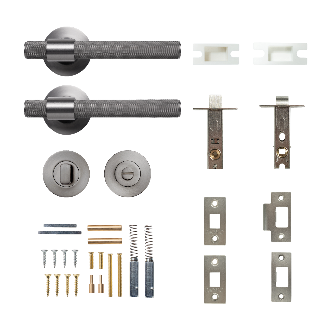 Momo Belgravia Solid Brass Knurled Tubular Latch Privacy Lever Set In Dull Brushed Nickel