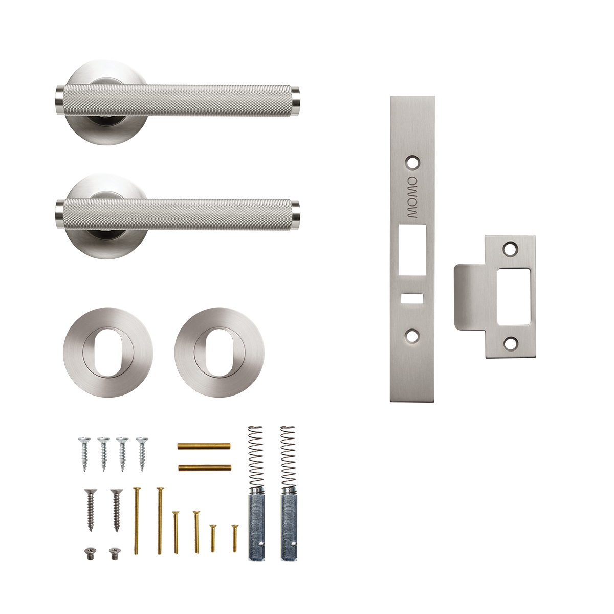Momo Bellevue Knurled Solid Brass Lever Entrance Set to Suit Dormakaba MS2600 and MS2900 Series locks in Dull Brushed Nickel
