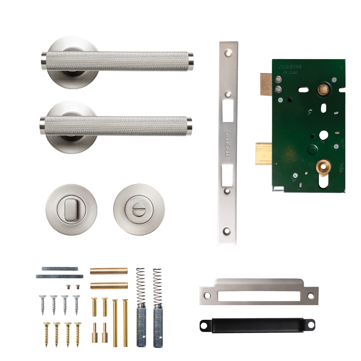 Momo Bellevue Solid Brass Knurled Mortice Lock Privacy Lever Set In Dull Brushed Nickel