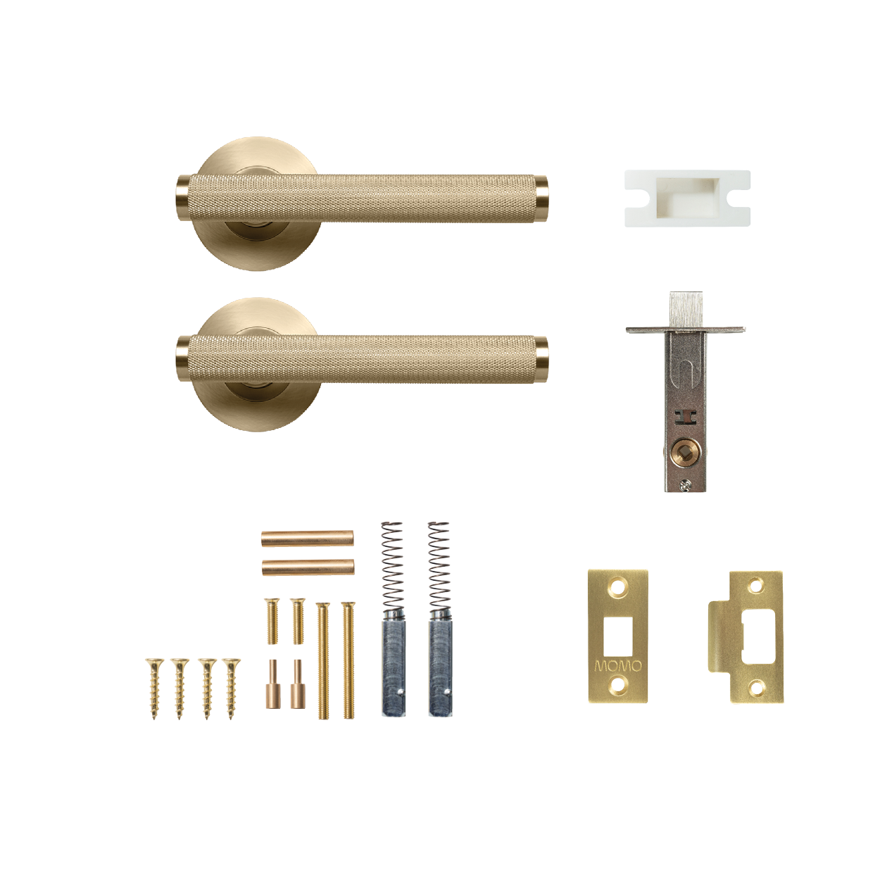 Momo Bellevue Solid Brass Knurled Tubular Latch Passage Lever Set In Brushed Satin Brass
