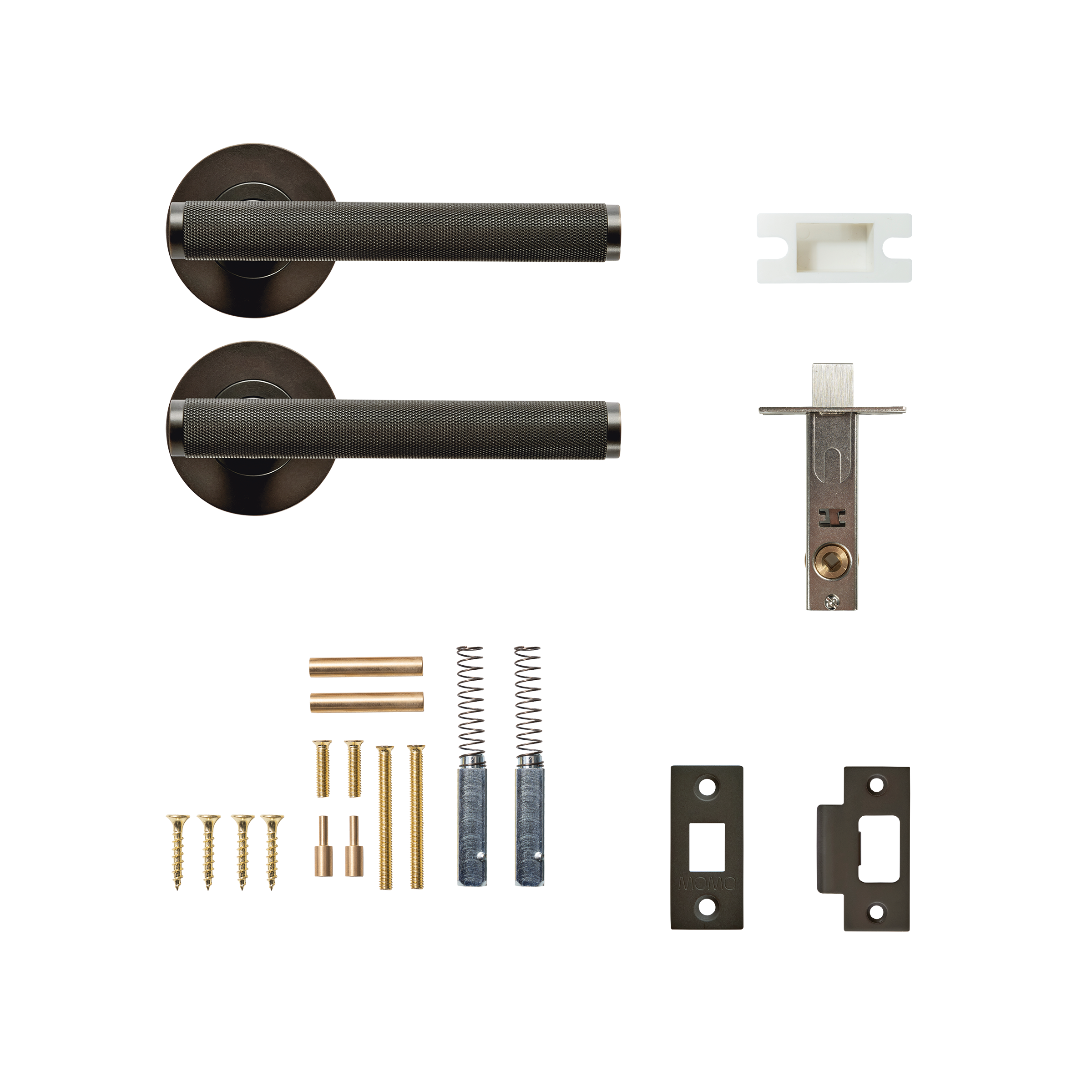 Momo Bellevue Solid Brass Knurled Tubular Latch Privacy Lever Set In Dark Bronze