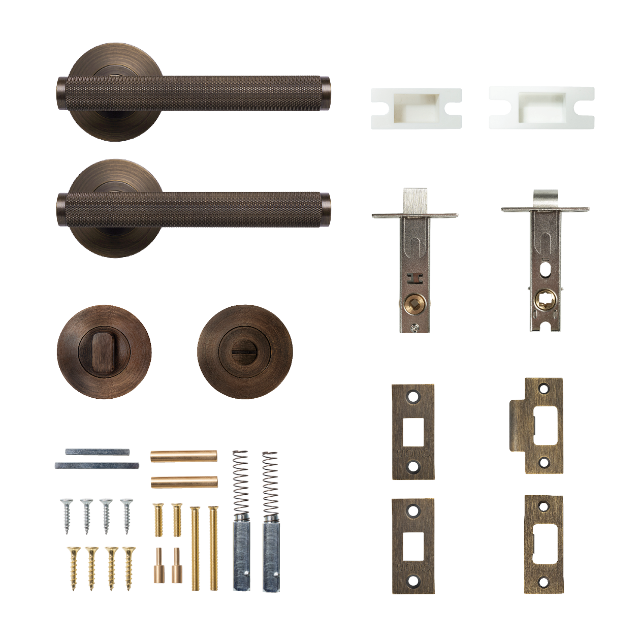 Momo Bellevue Solid Brass Knurled Tubular Latch Privacy Lever Set In Bronze