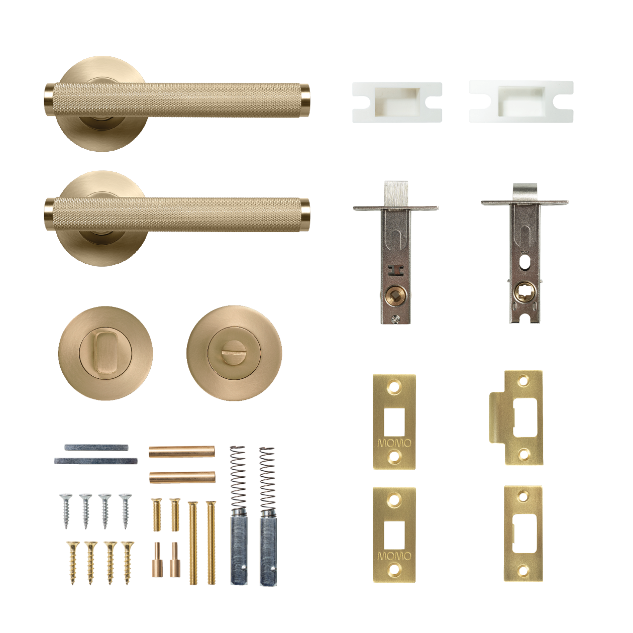 Momo Bellevue Solid Brass Knurled Tubular Latch Privacy Lever Set In Brushed Satin Brass