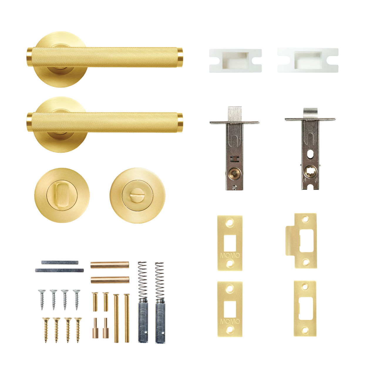 Momo Bellevue Solid Brass Knurled Tubular Latch Privacy Lever Set In Brushed Satin Brass