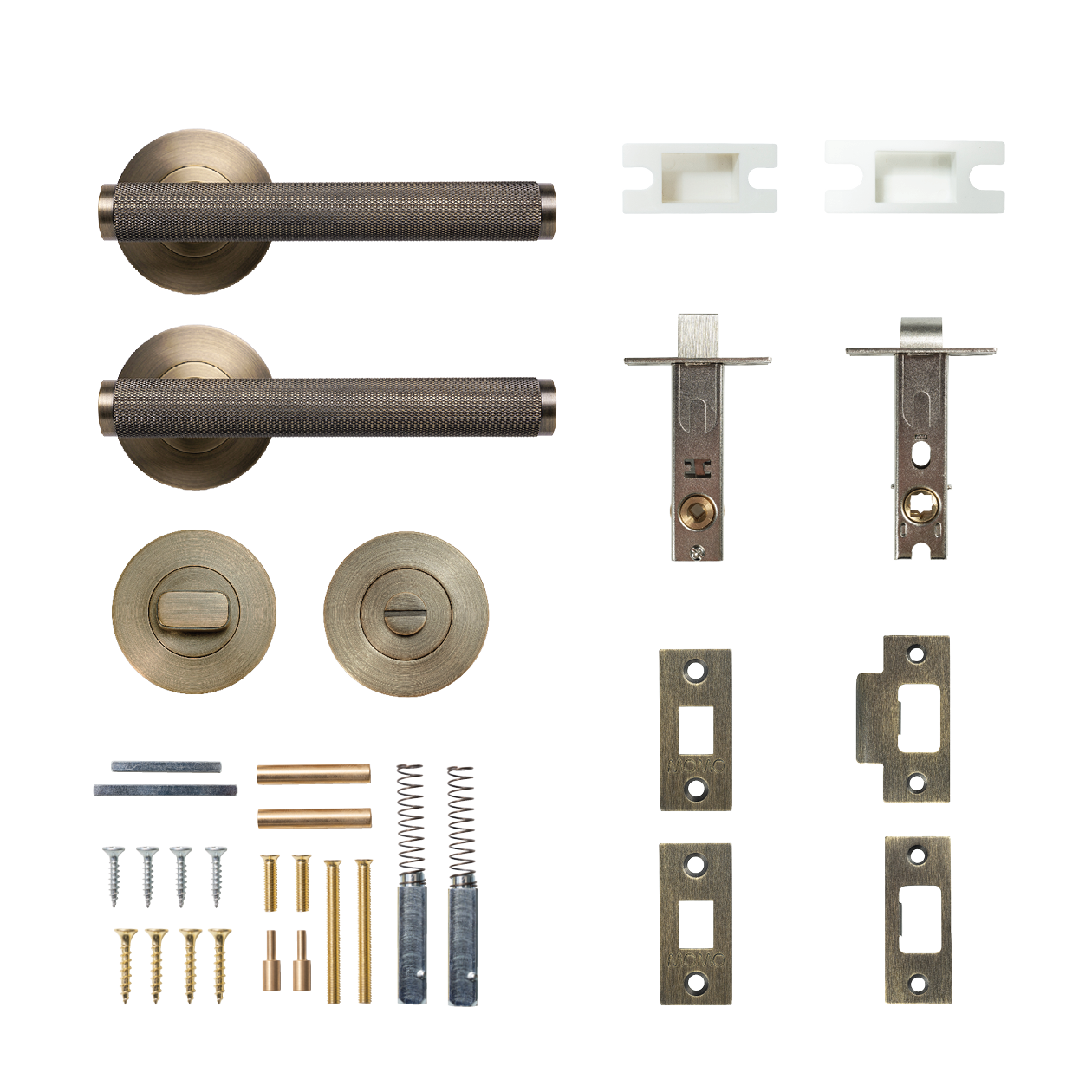 Momo Bellevue Solid Brass Knurled Tubular Latch Privacy Lever Set In Dark Brushed Brass