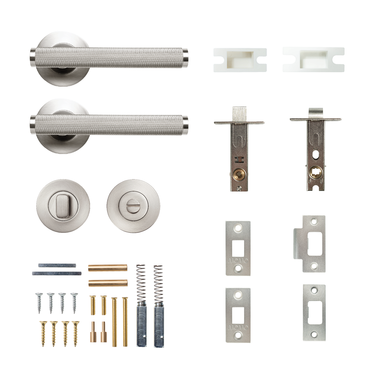 Momo Bellevue Solid Brass Knurled Tubular Latch Privacy Lever Set In Dull Brushed Nickel