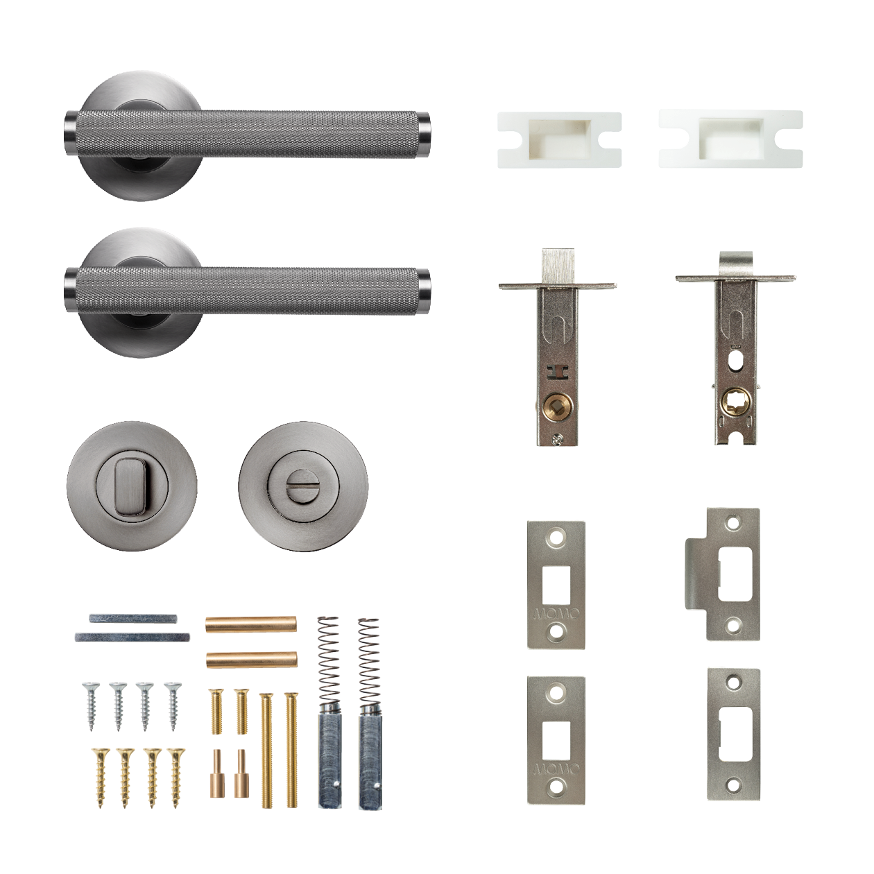 Momo Bellevue Solid Brass Knurled Tubular Latch Privacy Lever Set In Dull Brushed Nickel