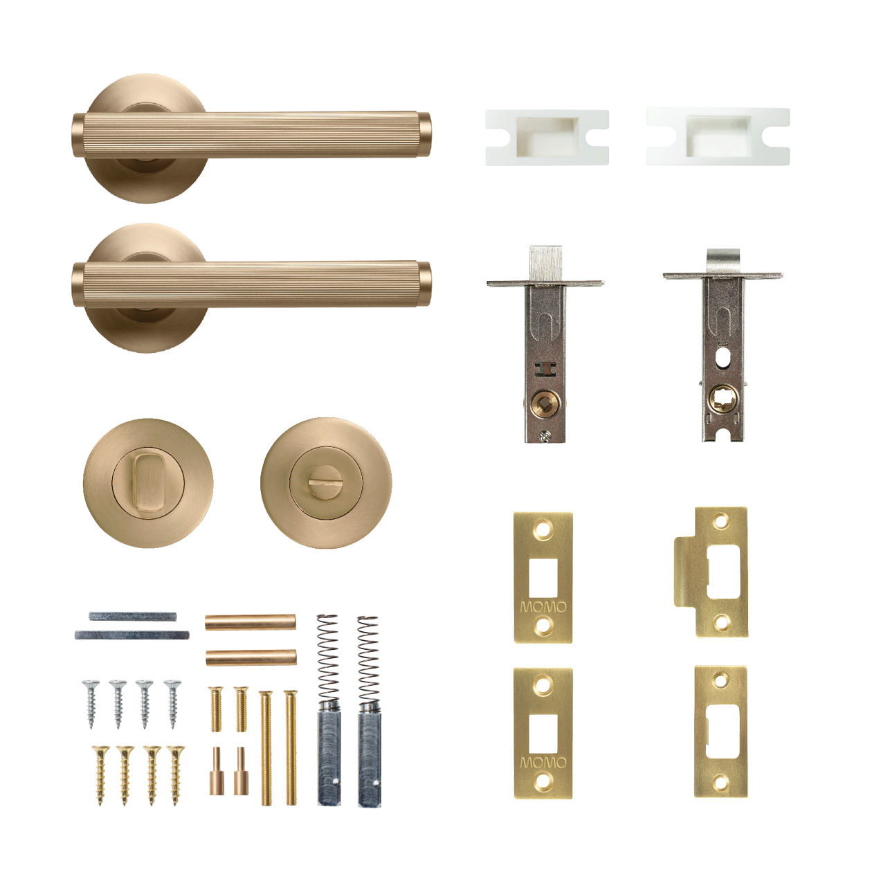 Momo Bellevue Solid Brass Lined Tubular Latch Privacy Lever Set In Brushed Satin Brass