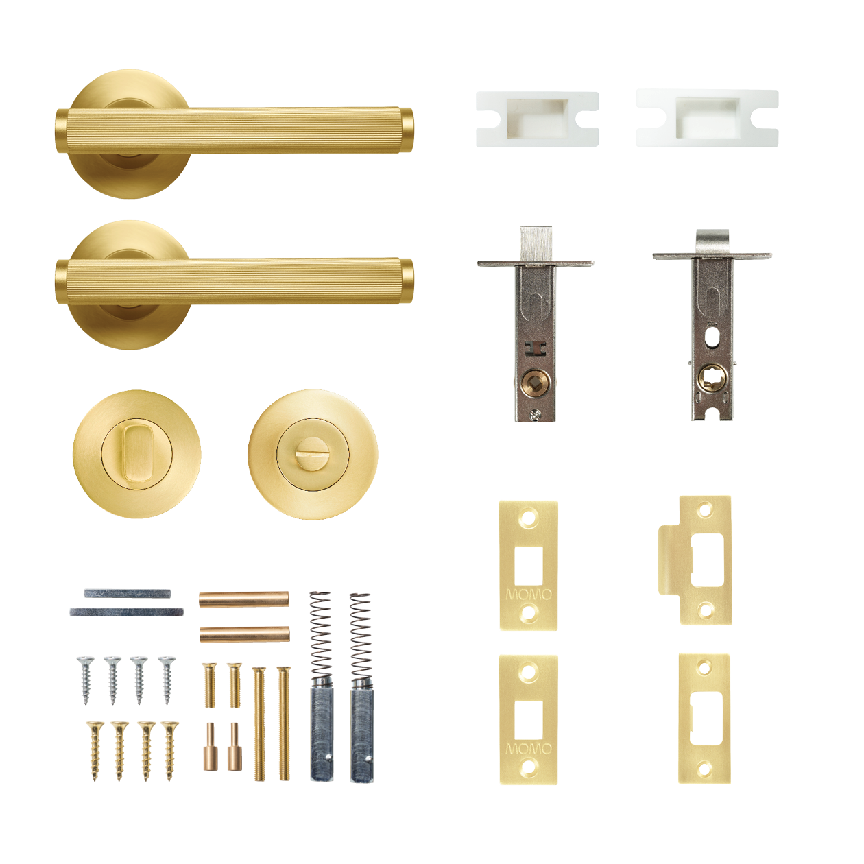 Momo Bellevue Solid Brass Lined Tubular Latch Privacy Lever Set In Brushed Satin Brass