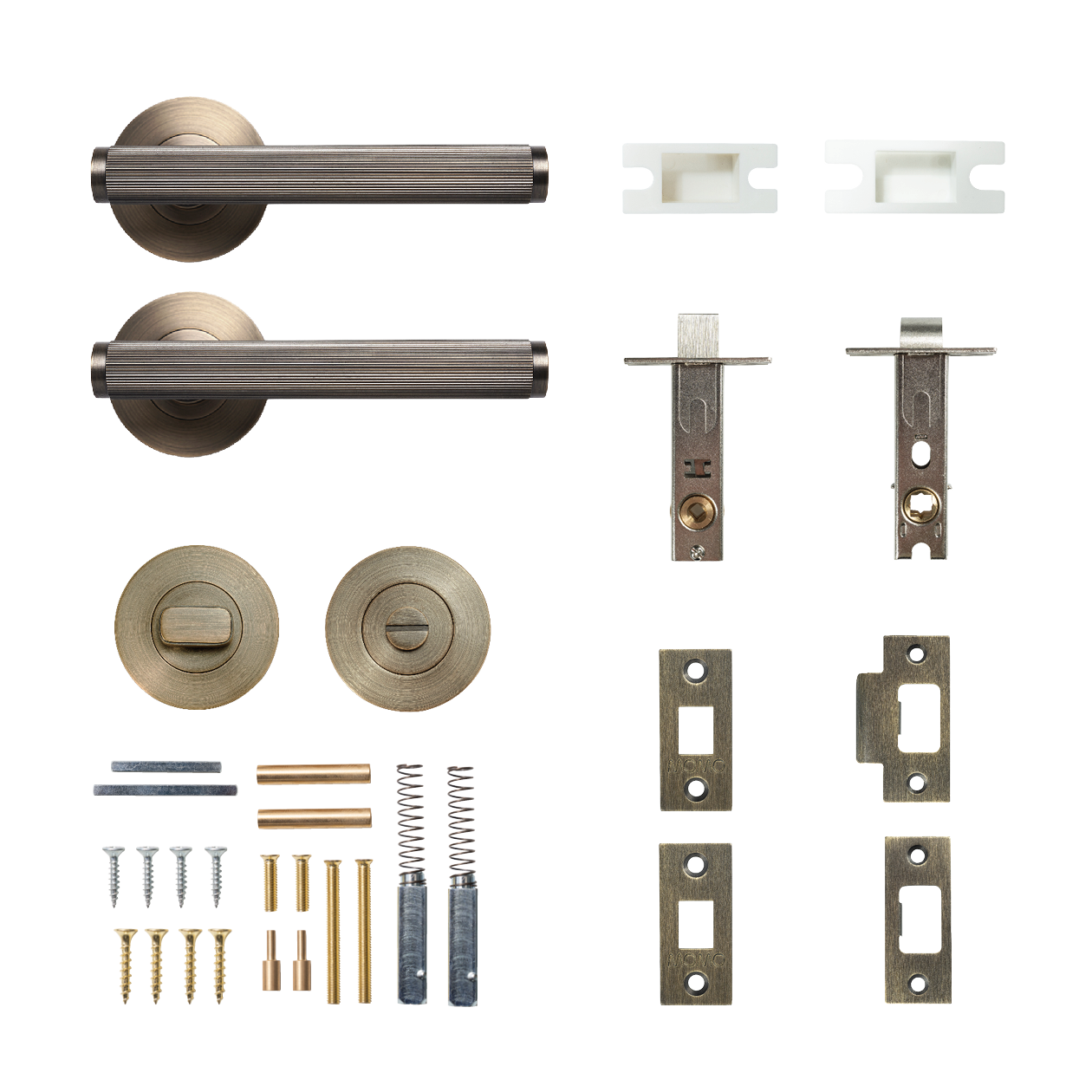 Momo Bellevue Solid Brass Lined Tubular Latch Privacy Lever Set In Dark Brushed Brass