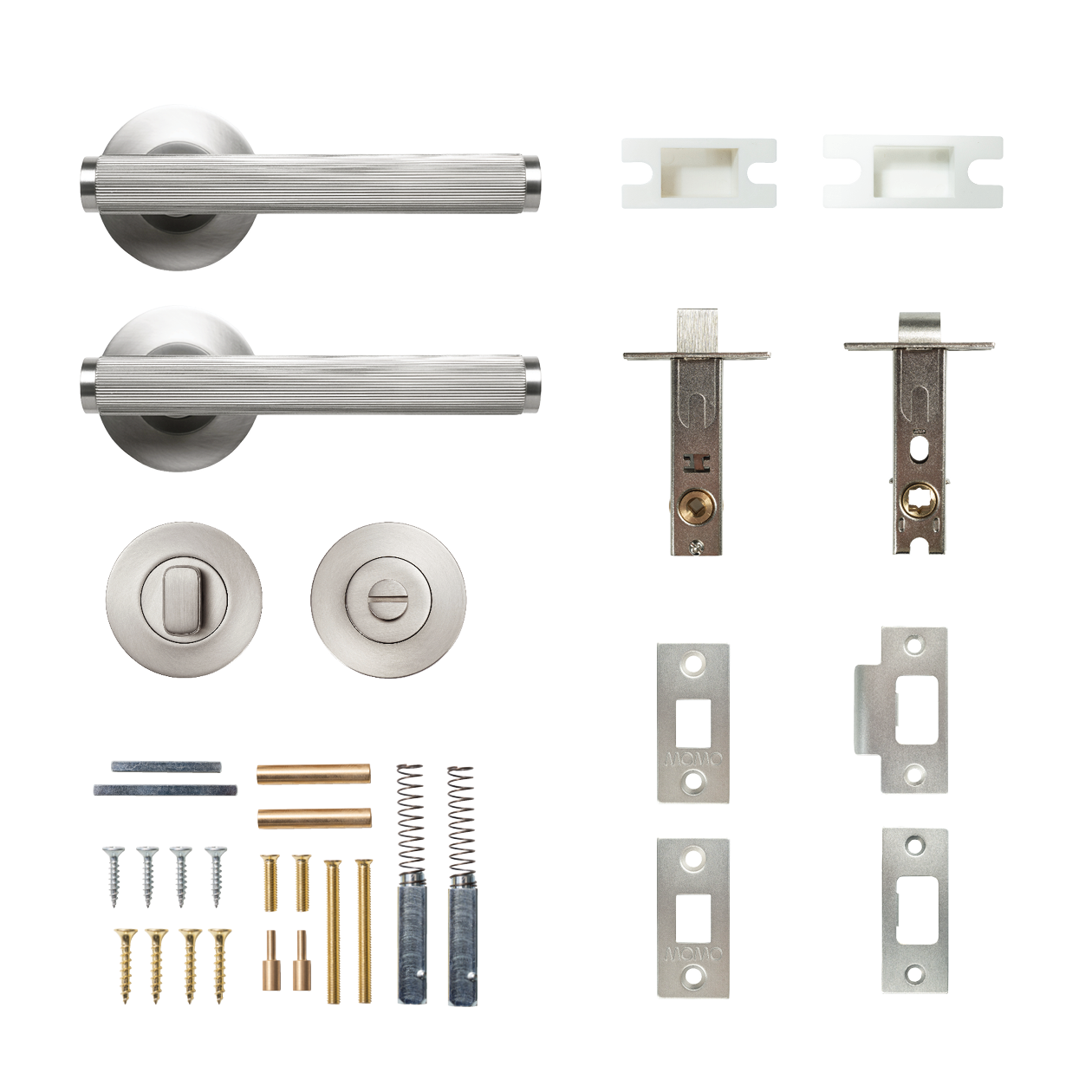Momo Bellevue Solid Brass Lined Tubular Latch Privacy Lever Set In Dull Brushed Nickel