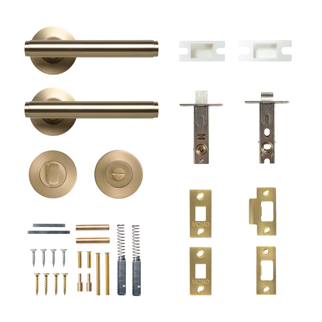 Momo Bellevue Solid Brass Plain Tubular Latch Privacy Lever Set In Brushed Satin Brass